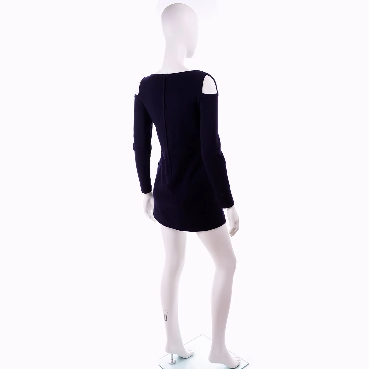 1960s Rudi Gernreich Vintage Mini Dress in Navy Blue Wool w/ Open Shoulders