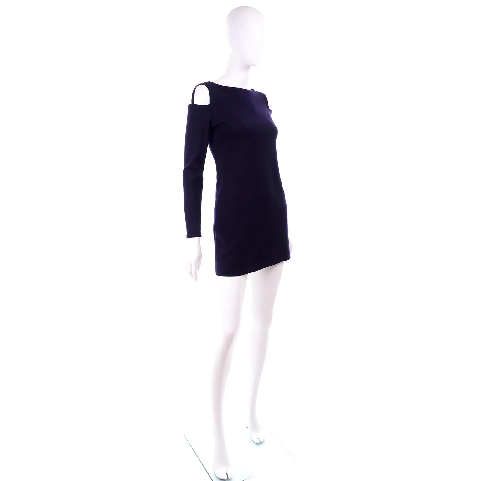 1960s Rudi Gernreich Vintage Mini Dress in Navy Blue Wool w/ Open Shoulders