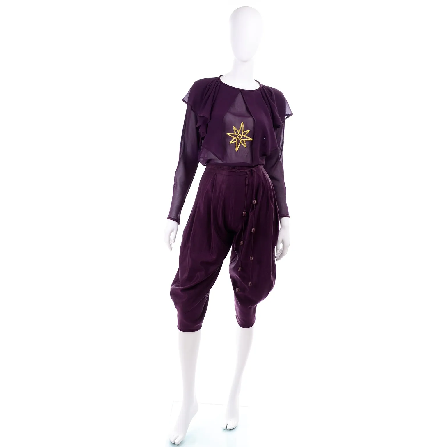 1980s Gianni Versace Purple Silk Chiffon Embroidered Top & Jodhpurs Outfit