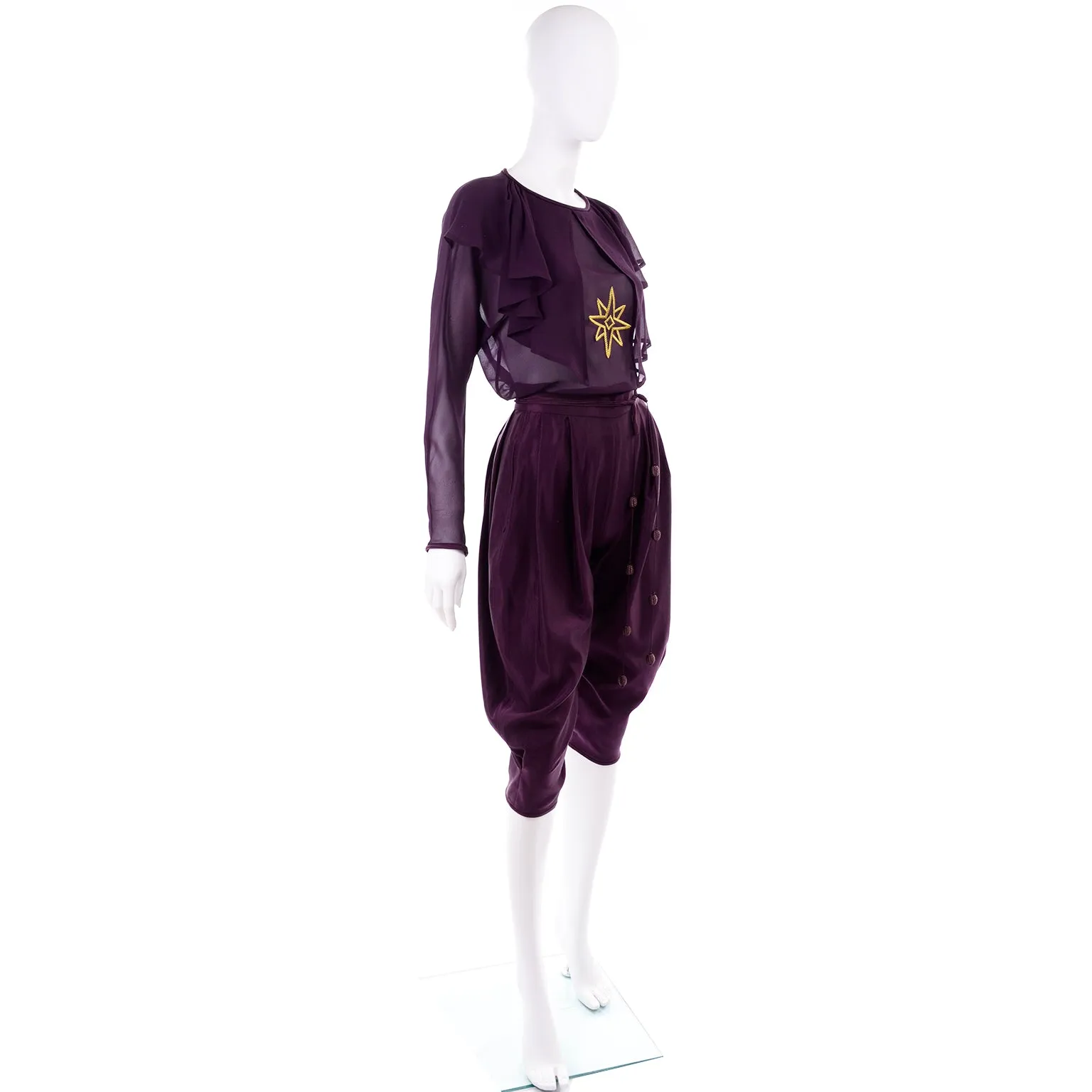 1980s Gianni Versace Purple Silk Chiffon Embroidered Top & Jodhpurs Outfit