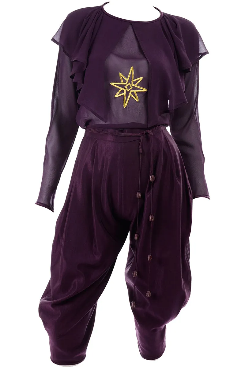 1980s Gianni Versace Purple Silk Chiffon Embroidered Top & Jodhpurs Outfit