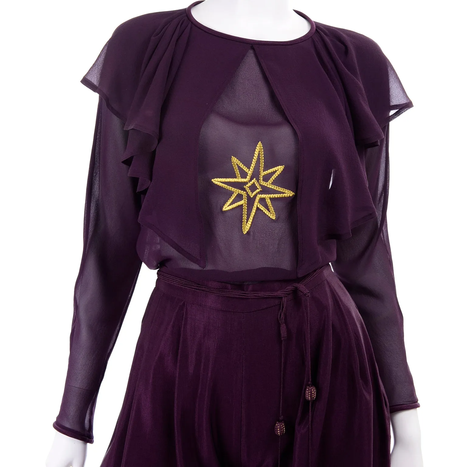 1980s Gianni Versace Purple Silk Chiffon Embroidered Top & Jodhpurs Outfit