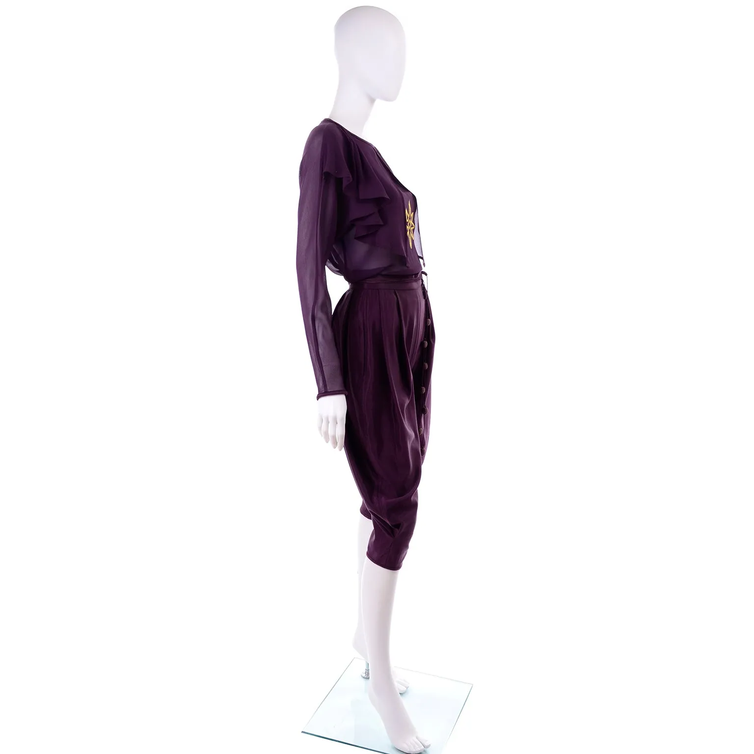 1980s Gianni Versace Purple Silk Chiffon Embroidered Top & Jodhpurs Outfit