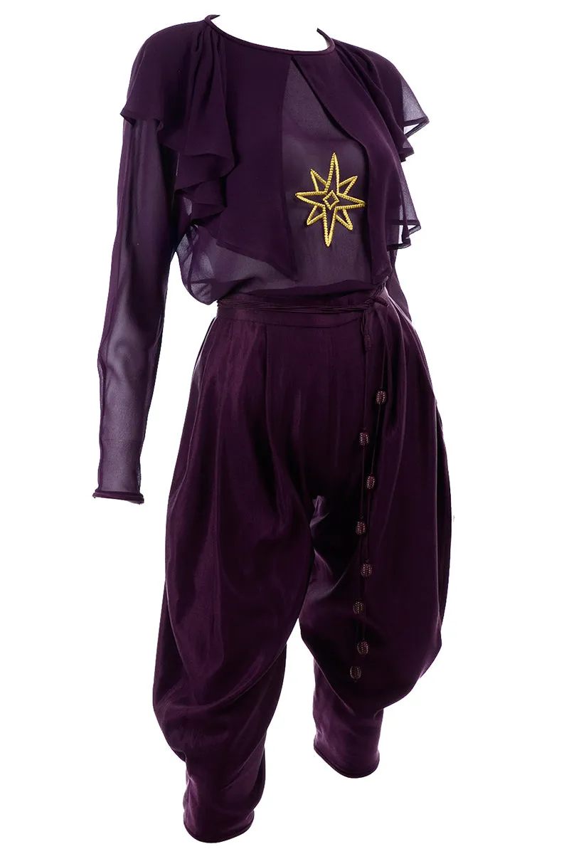 1980s Gianni Versace Purple Silk Chiffon Embroidered Top & Jodhpurs Outfit