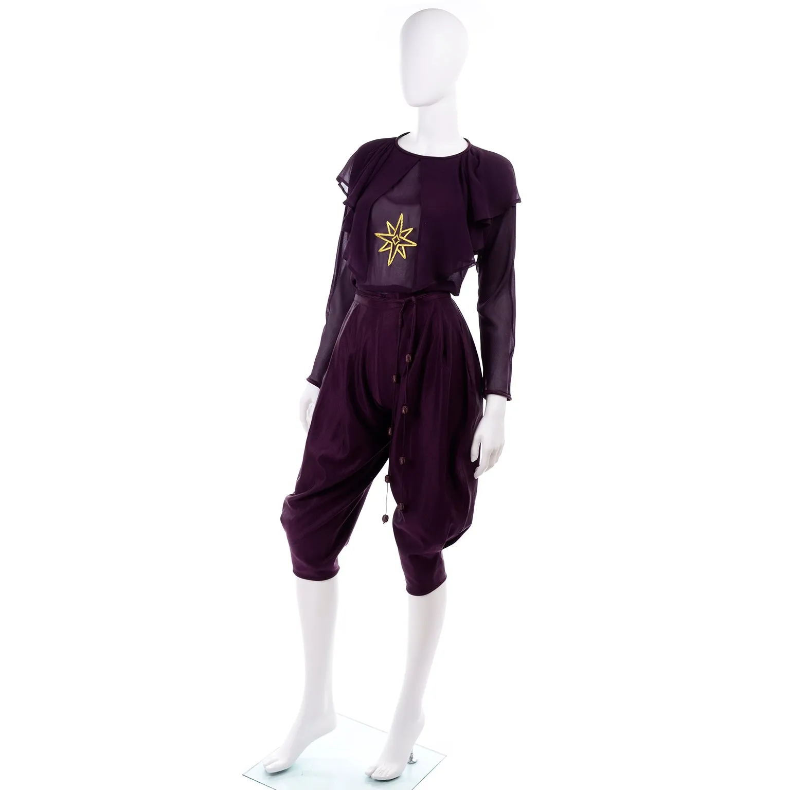 1980s Gianni Versace Purple Silk Chiffon Embroidered Top & Jodhpurs Outfit