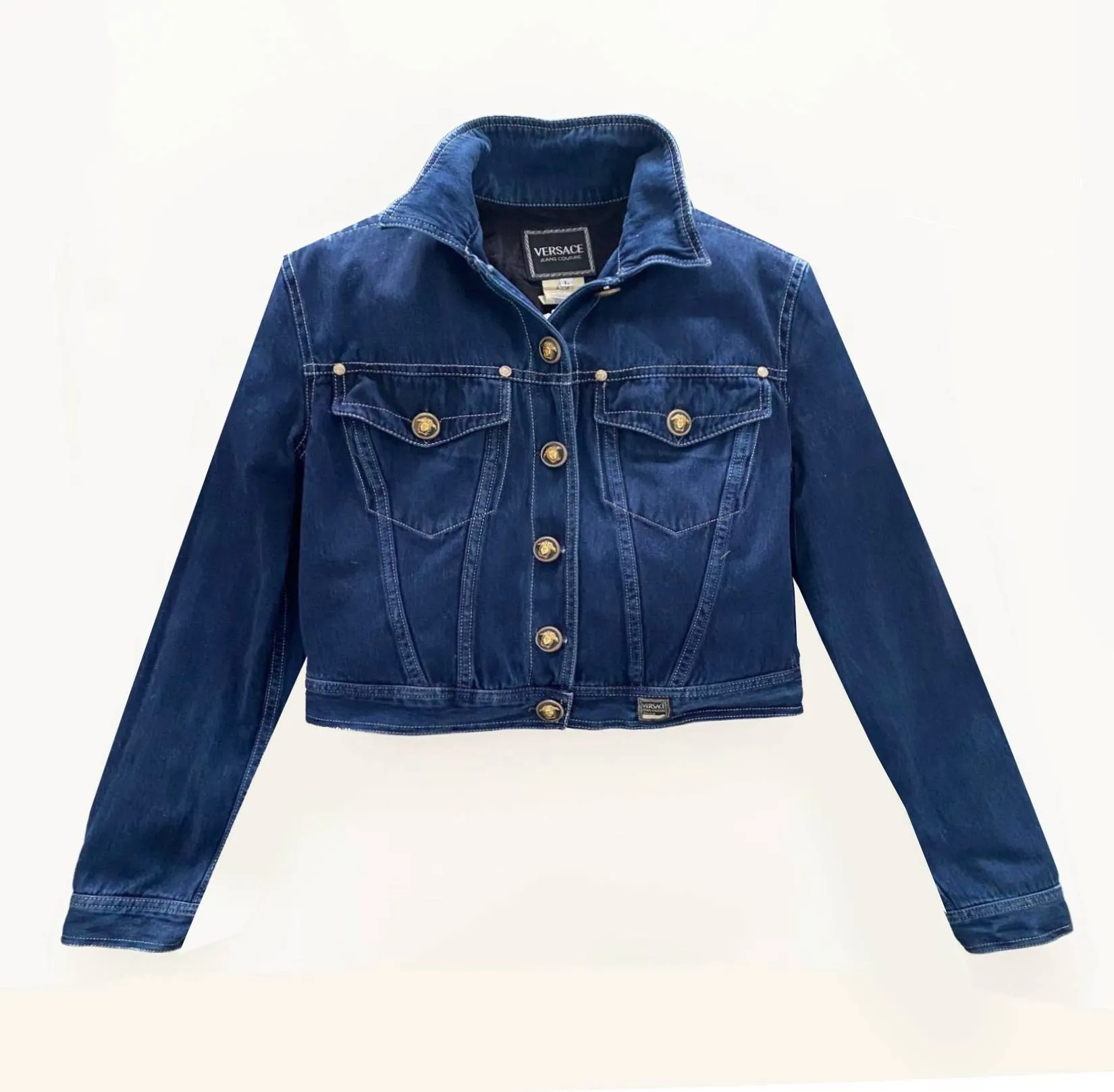 1990s VERSACE DENIM CROPPED BOMBER MEDUSA BUTTON JACKET