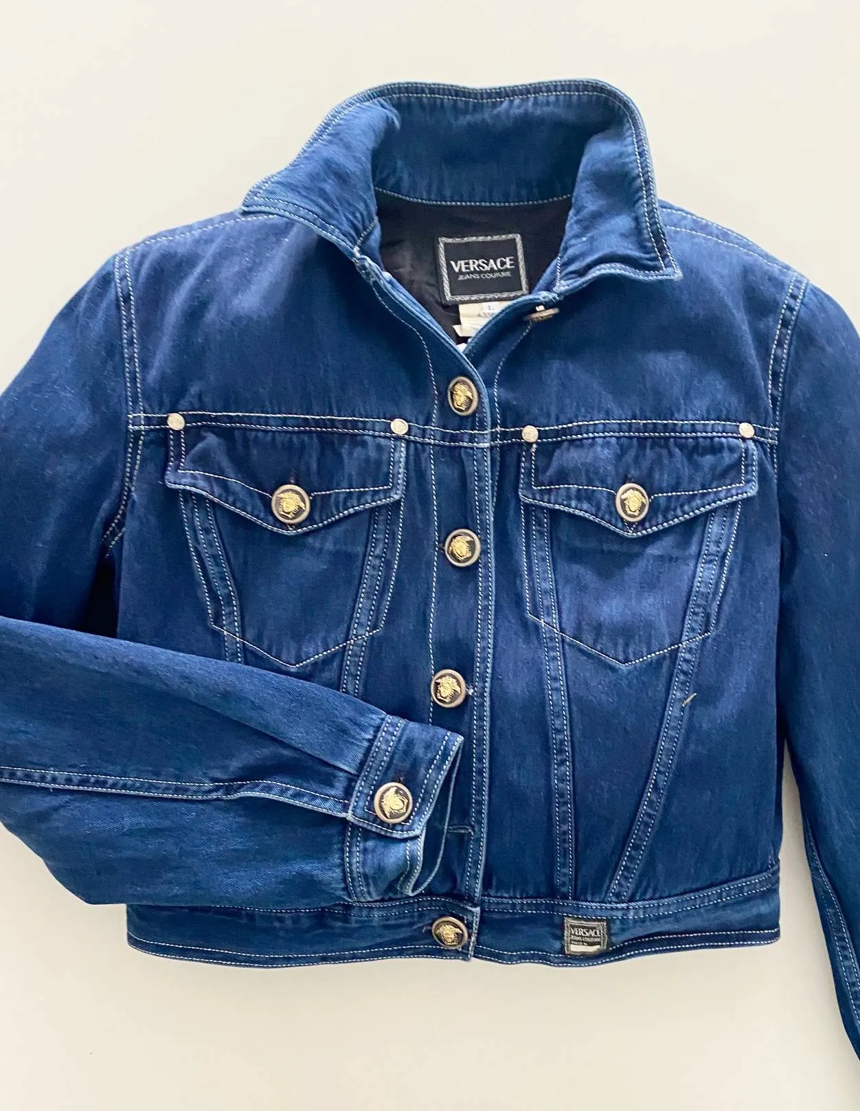 1990s VERSACE DENIM CROPPED BOMBER MEDUSA BUTTON JACKET