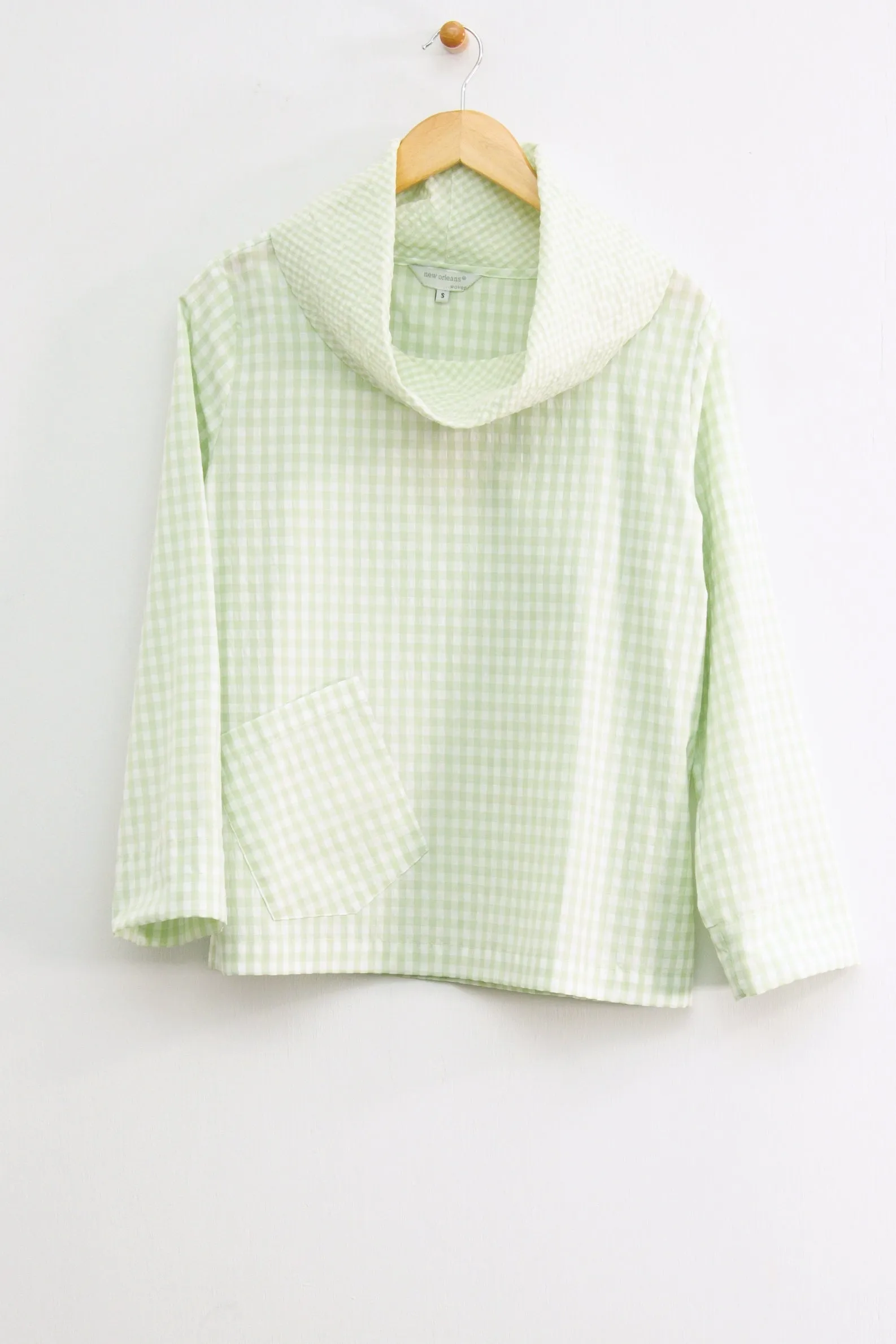 25" ¾ Sleeve Gingham Cowl Top