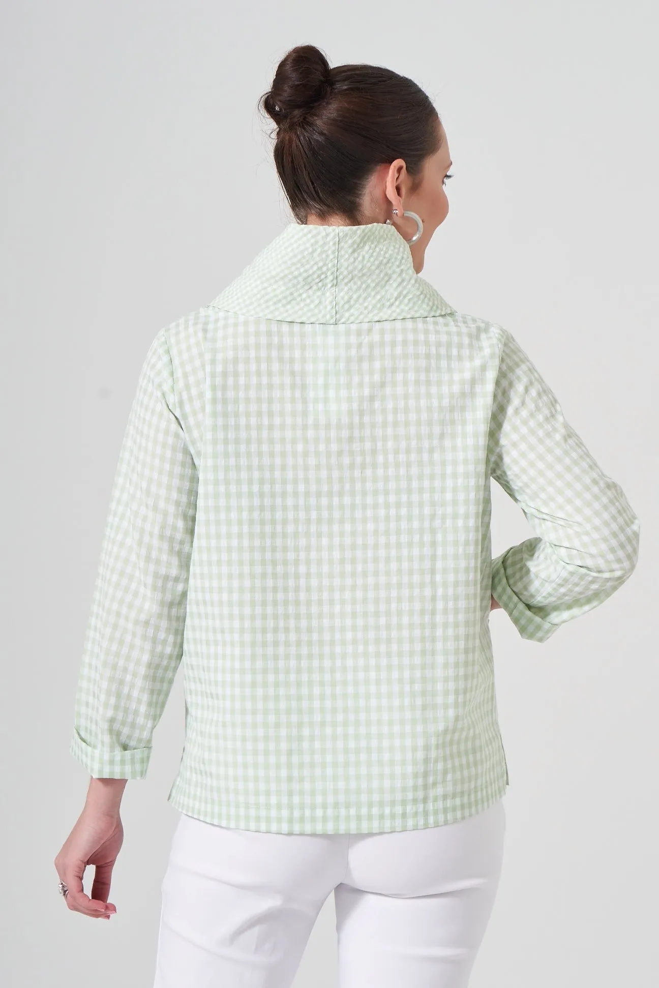 25" ¾ Sleeve Gingham Cowl Top