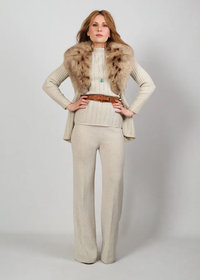 3 Piece FOX Fur Sweater Knit Pant Suit