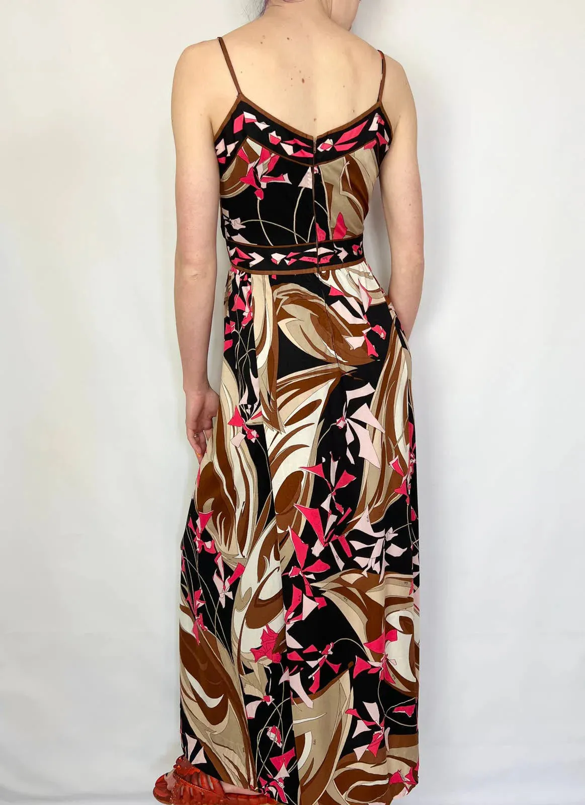 /70s Brown and Red Kaleidoscopic Maxi Strappy Dress by Emilio Pucci