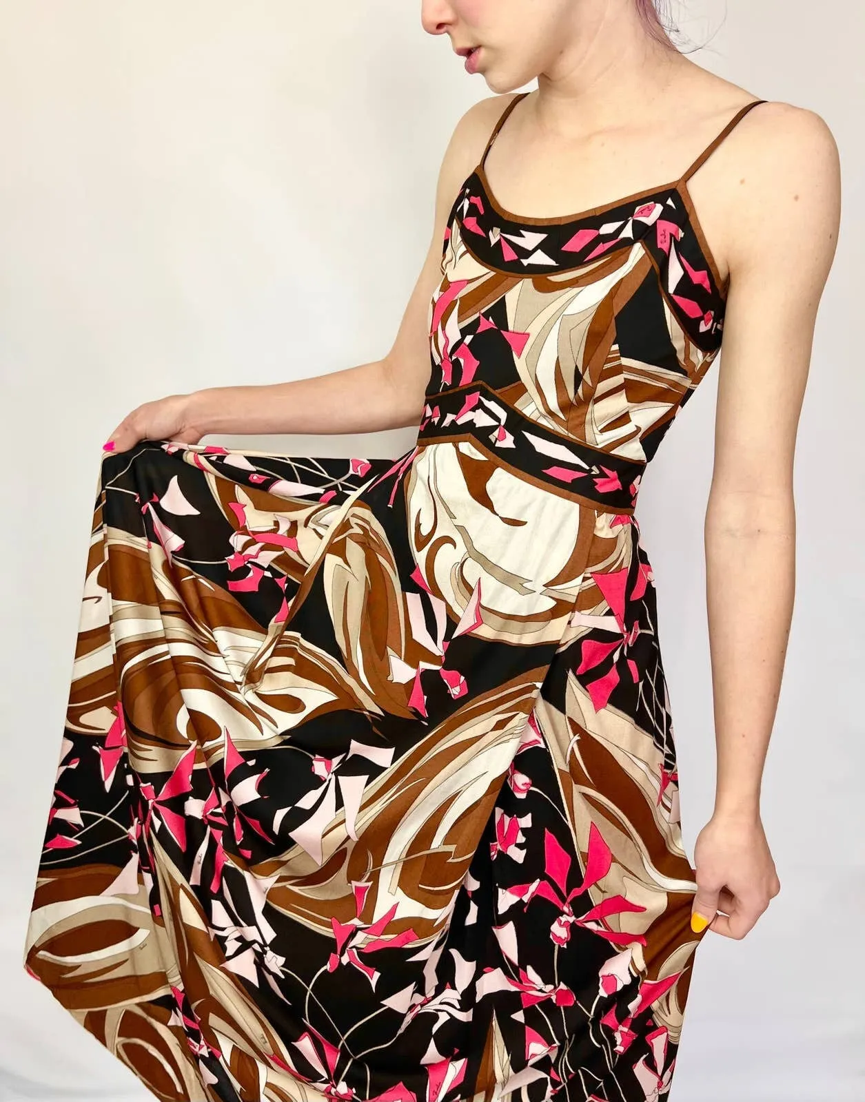 /70s Brown and Red Kaleidoscopic Maxi Strappy Dress by Emilio Pucci