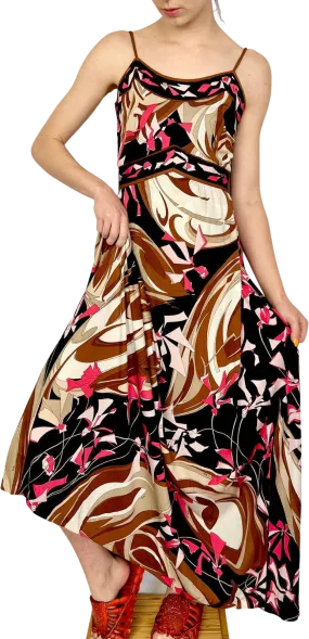 /70s Brown and Red Kaleidoscopic Maxi Strappy Dress by Emilio Pucci