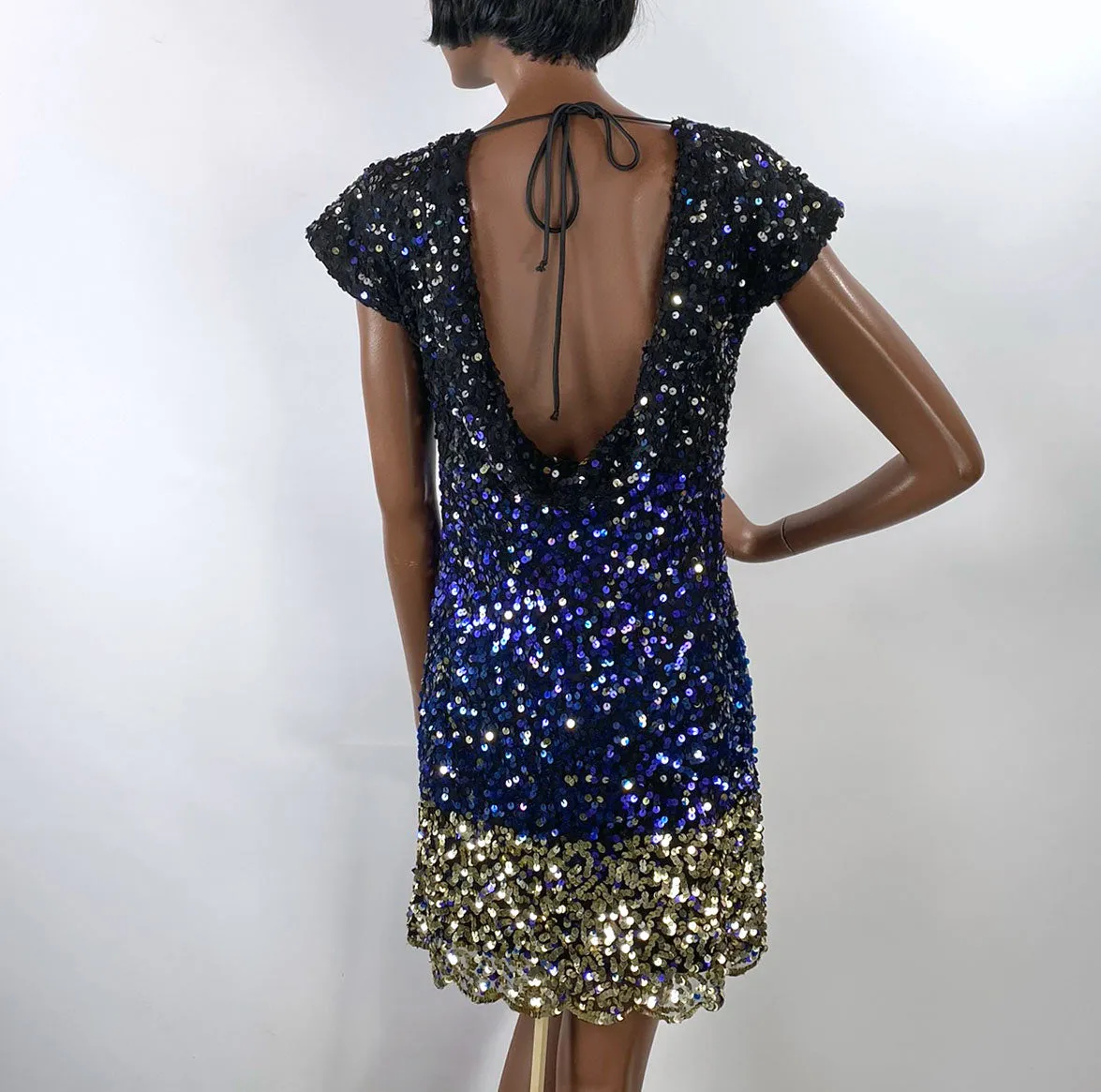 90s Ombre Sequin Mini Dress Women's Vintage Black to Blue to Gold Dance Party Arden B Small VFG