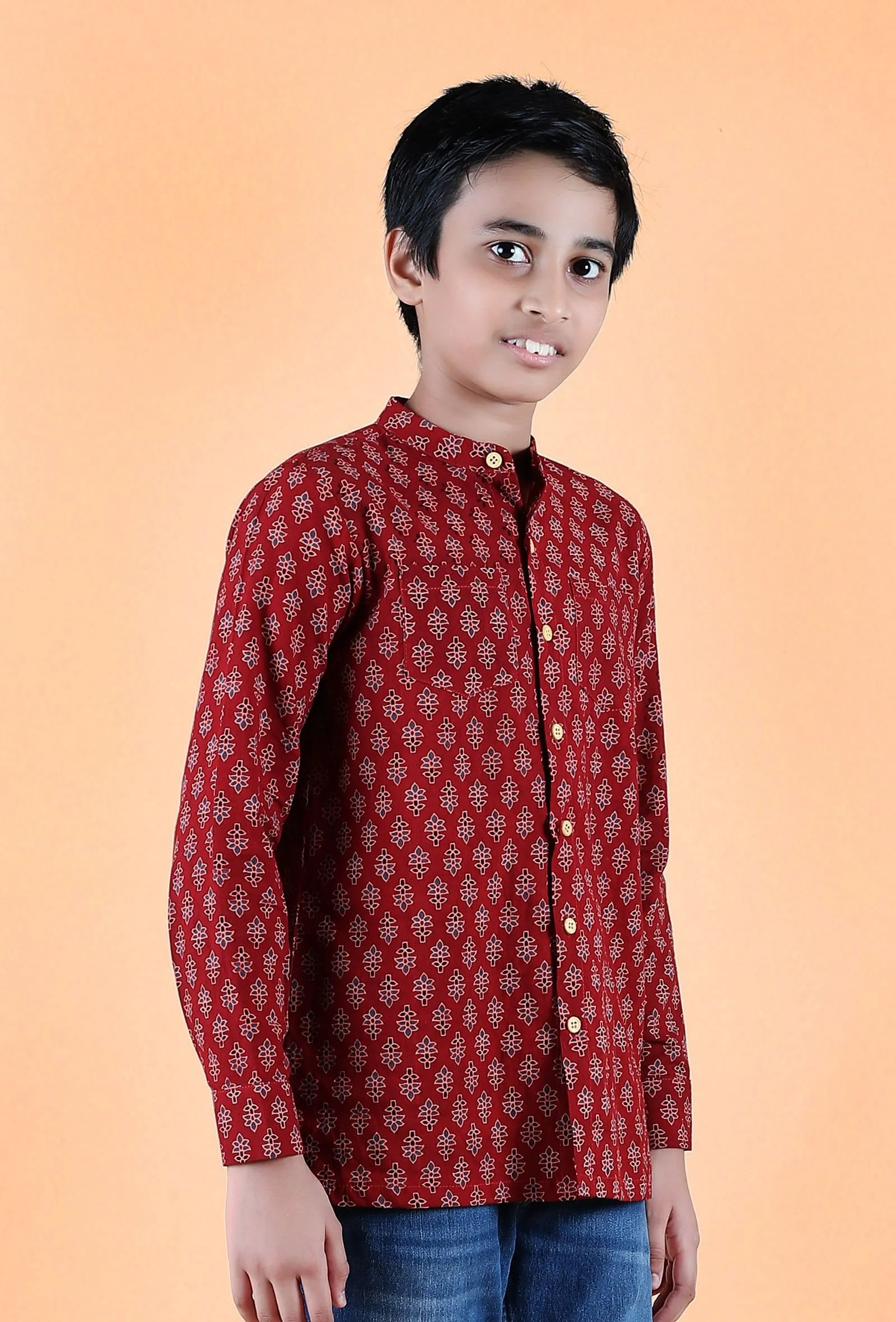 Aaron Madder Red Ajrakh Print Cotton Super Short Kurta