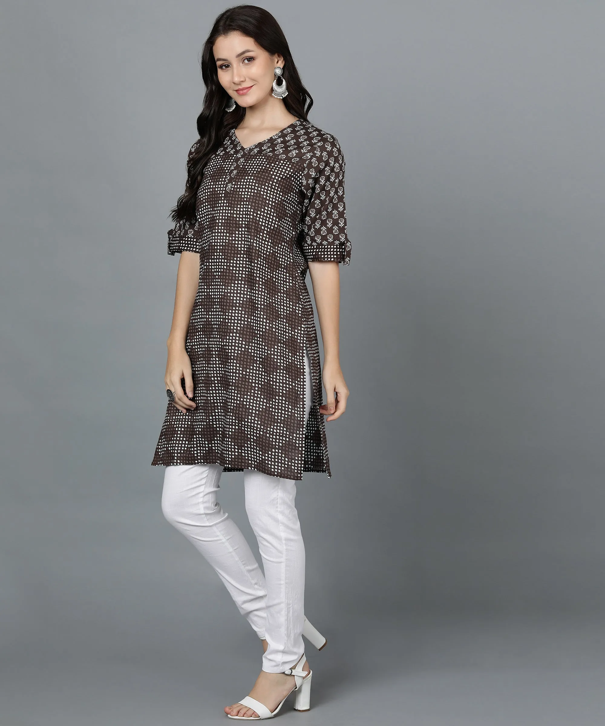 Abstract Print Straight Tunic - Brown