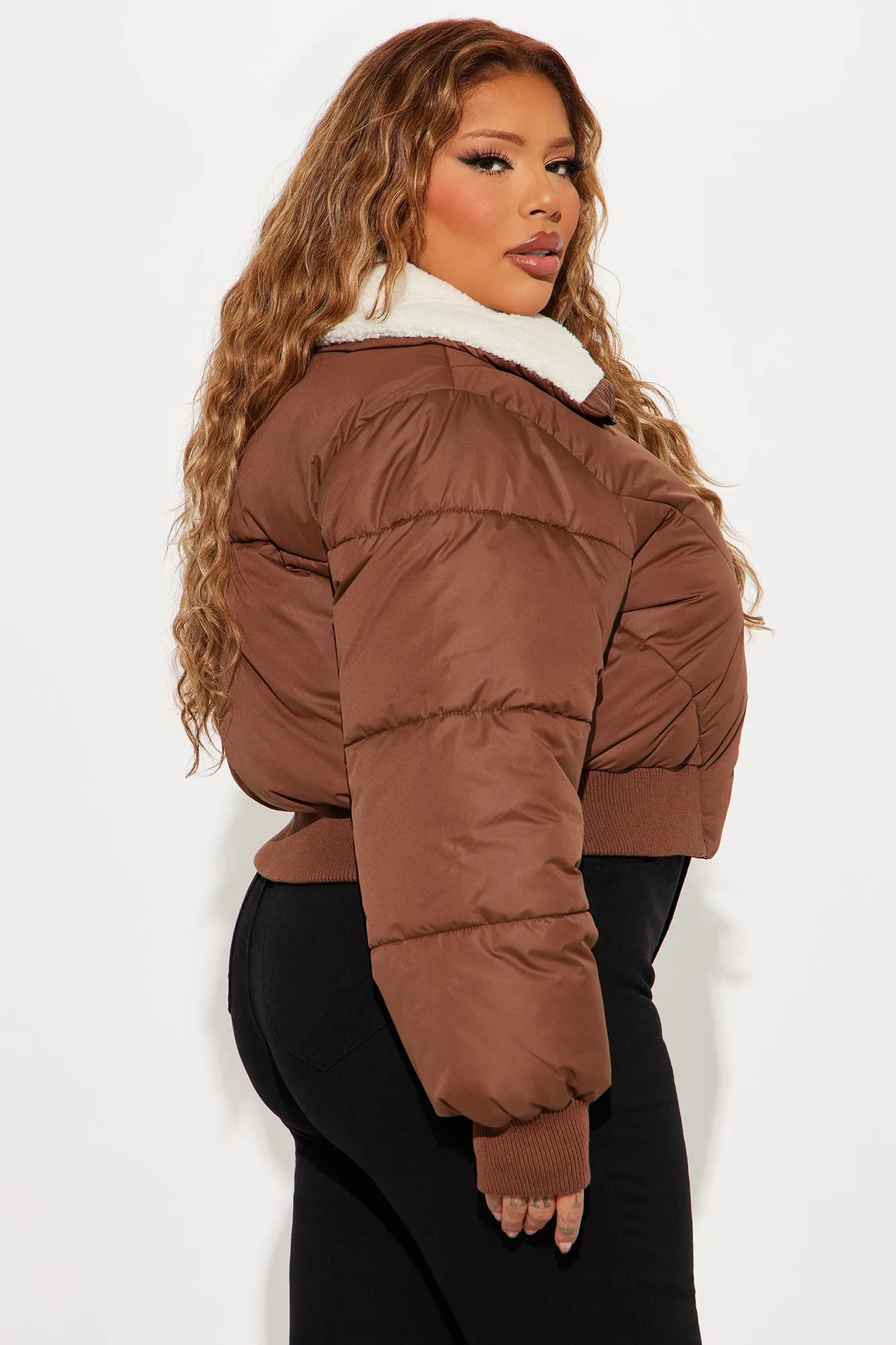 Akari Sherpa Collar Puffer Jacket - Brown