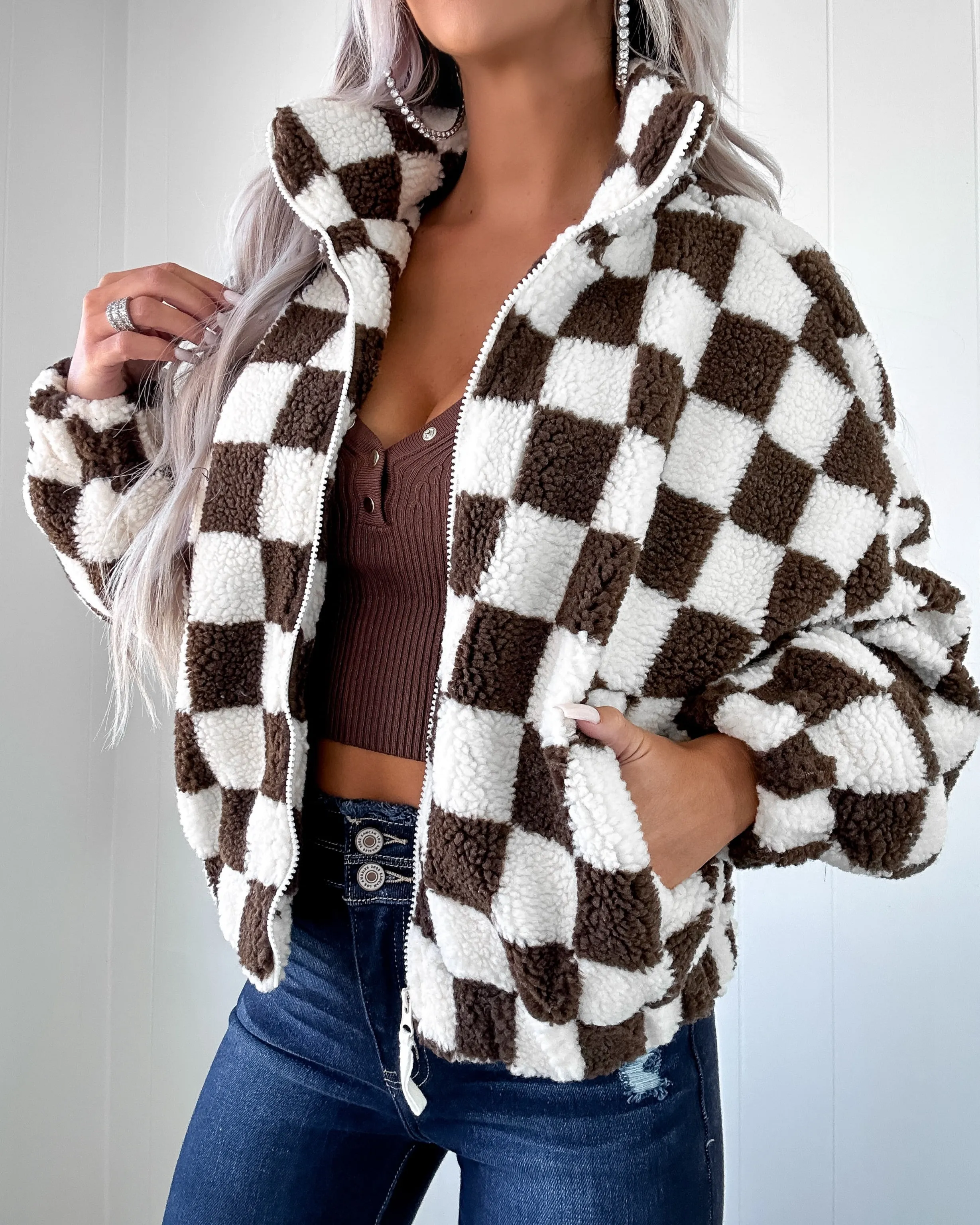 Alayna Checkered Sherpa Jacket - Brown