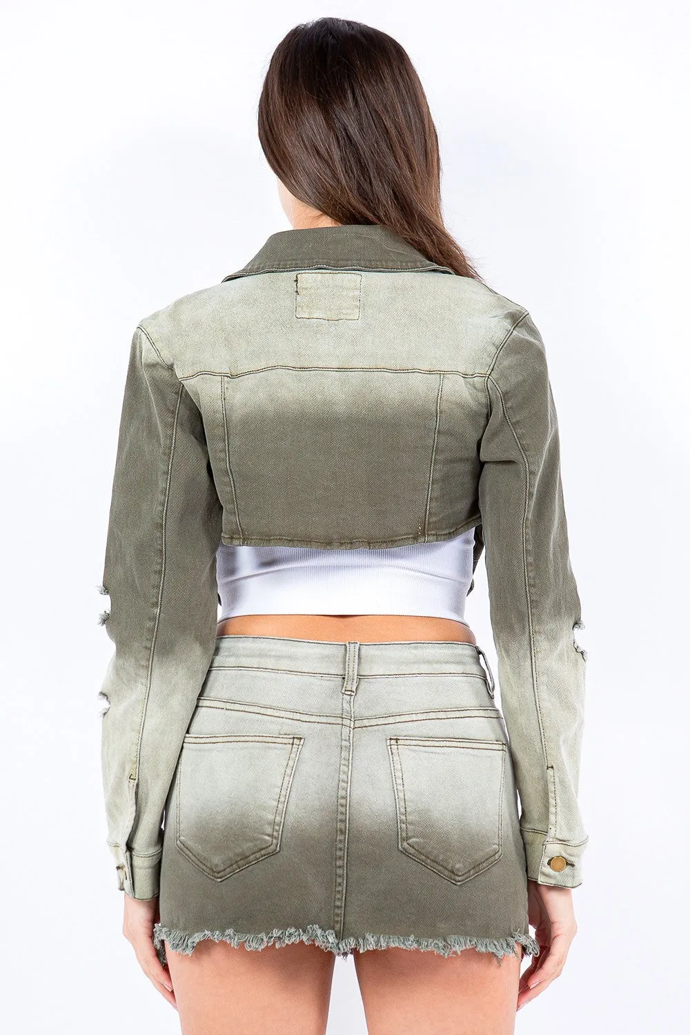 American Bazi Distressed Ombre Washed Cropped Denim Jacket