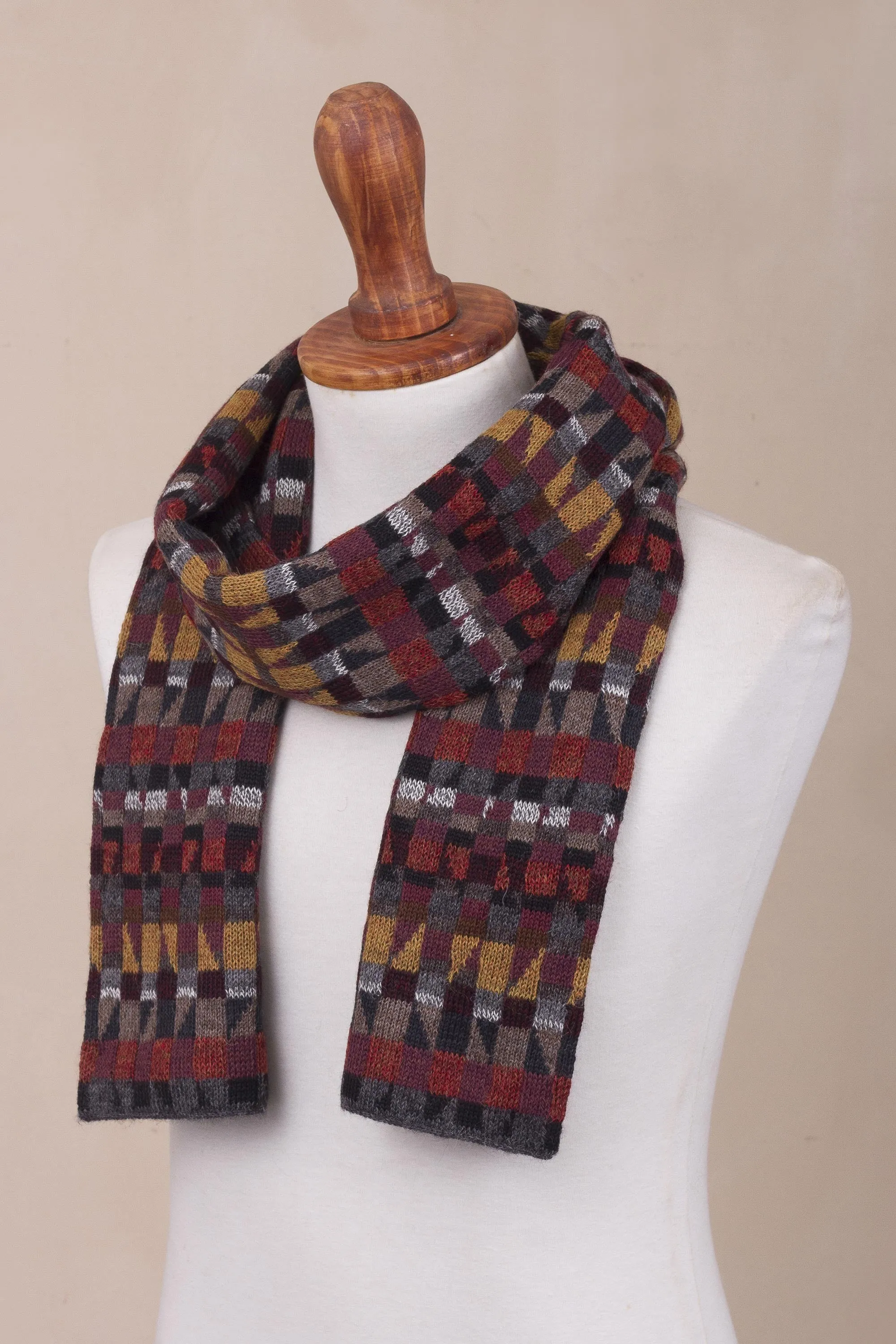 Andean Geometry Unisex 100% Alpaca Wool Earth Toned Scarf