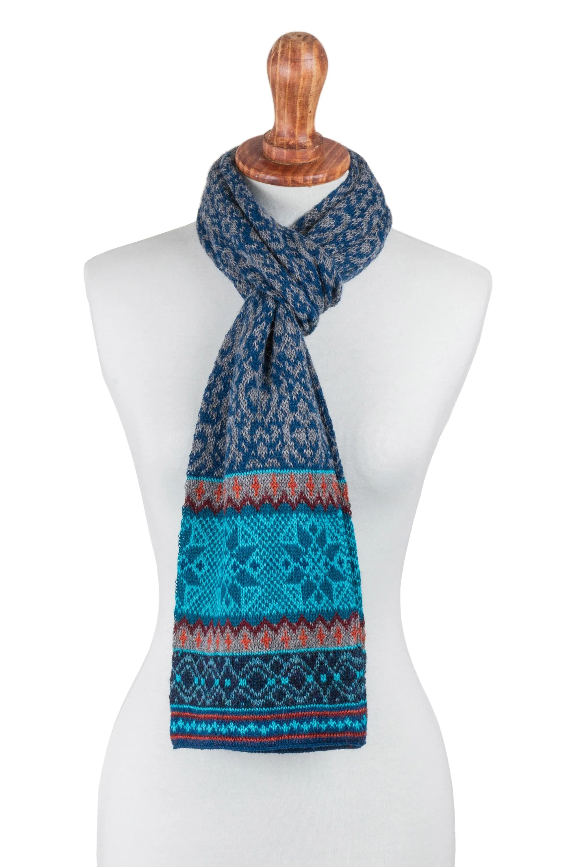 Andean Snowfall 100% Alpaca Wrap Scarf in Azure and Smoke from Peru