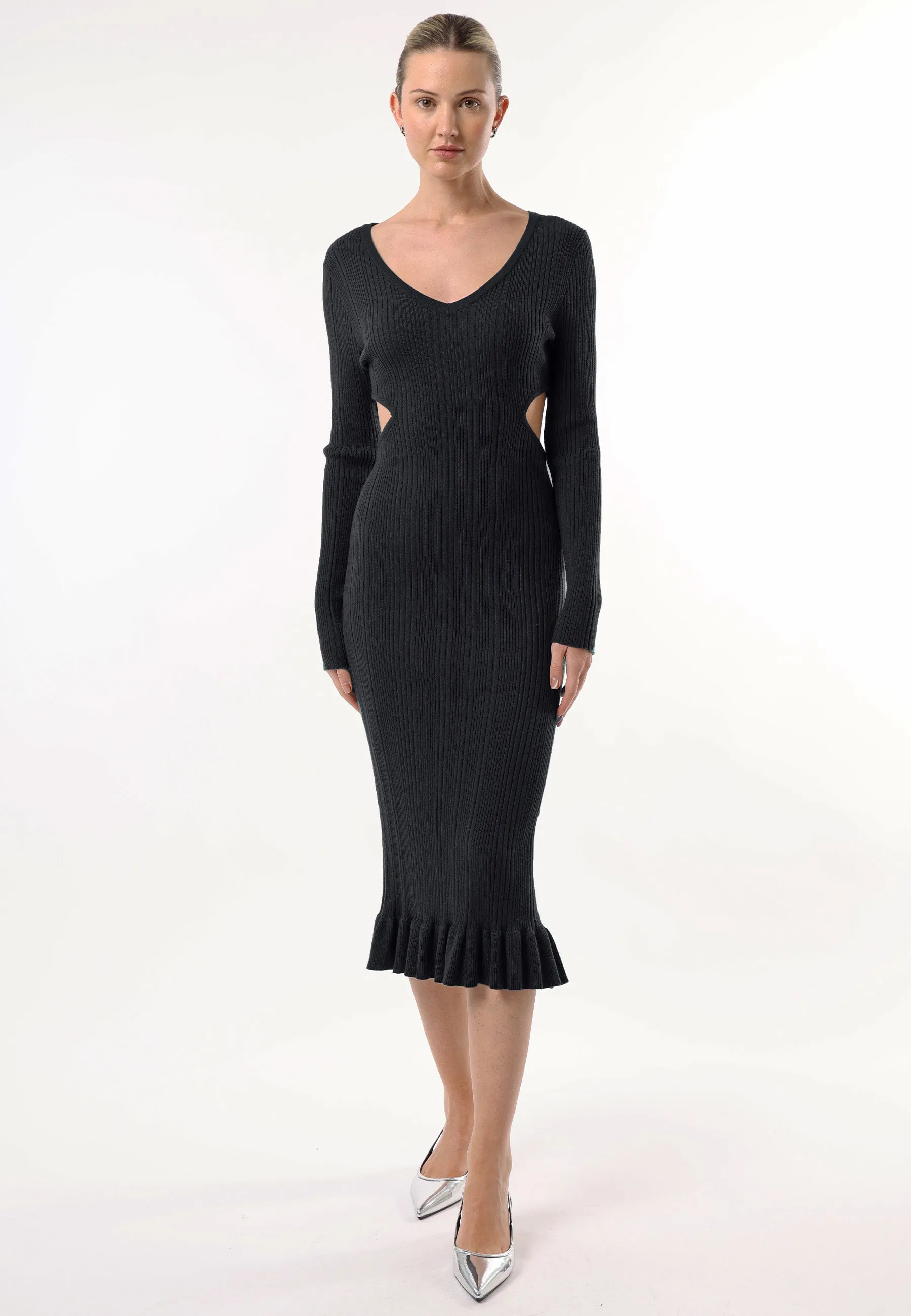 Angeleye Long Sleeve Black Knit Midi Dress With Cut Outs