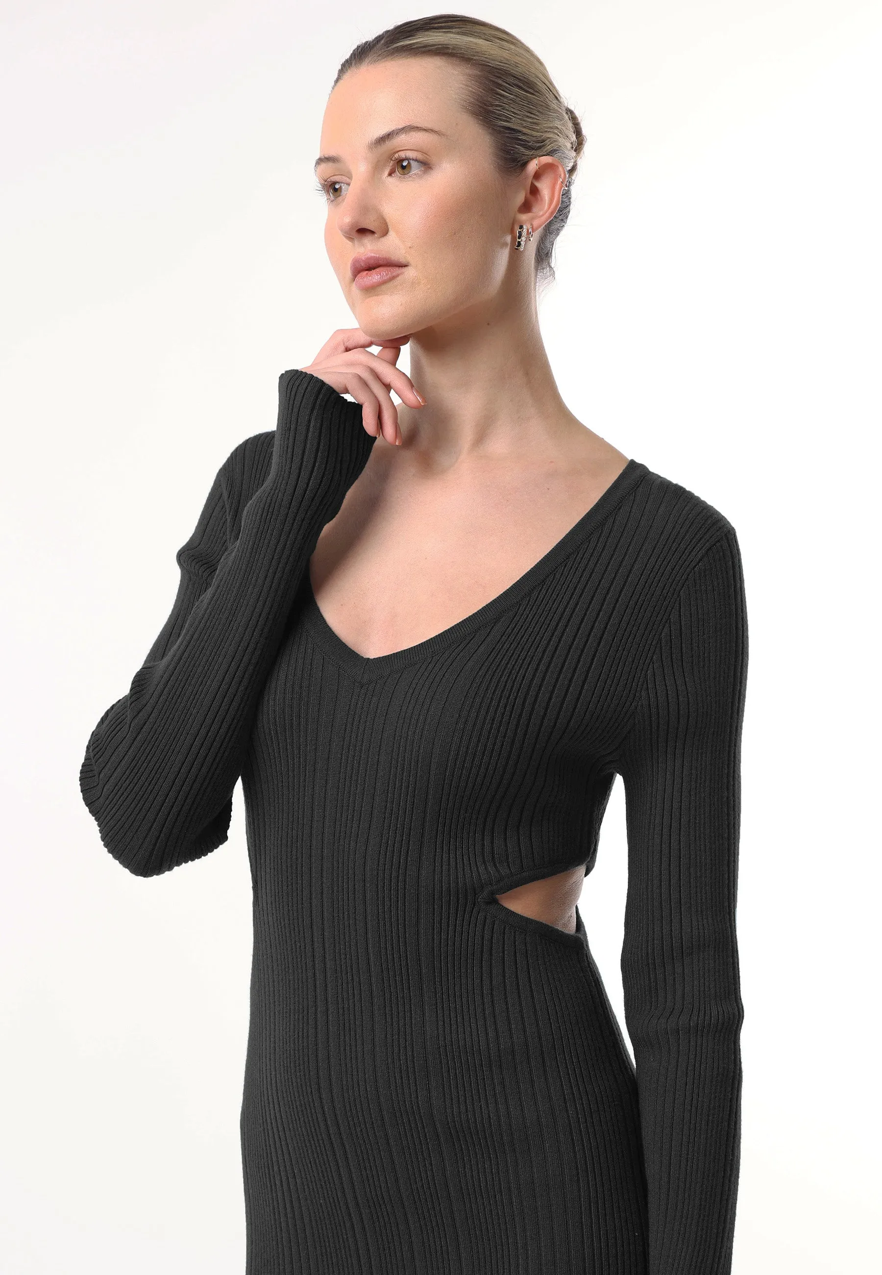 Angeleye Long Sleeve Black Knit Midi Dress With Cut Outs