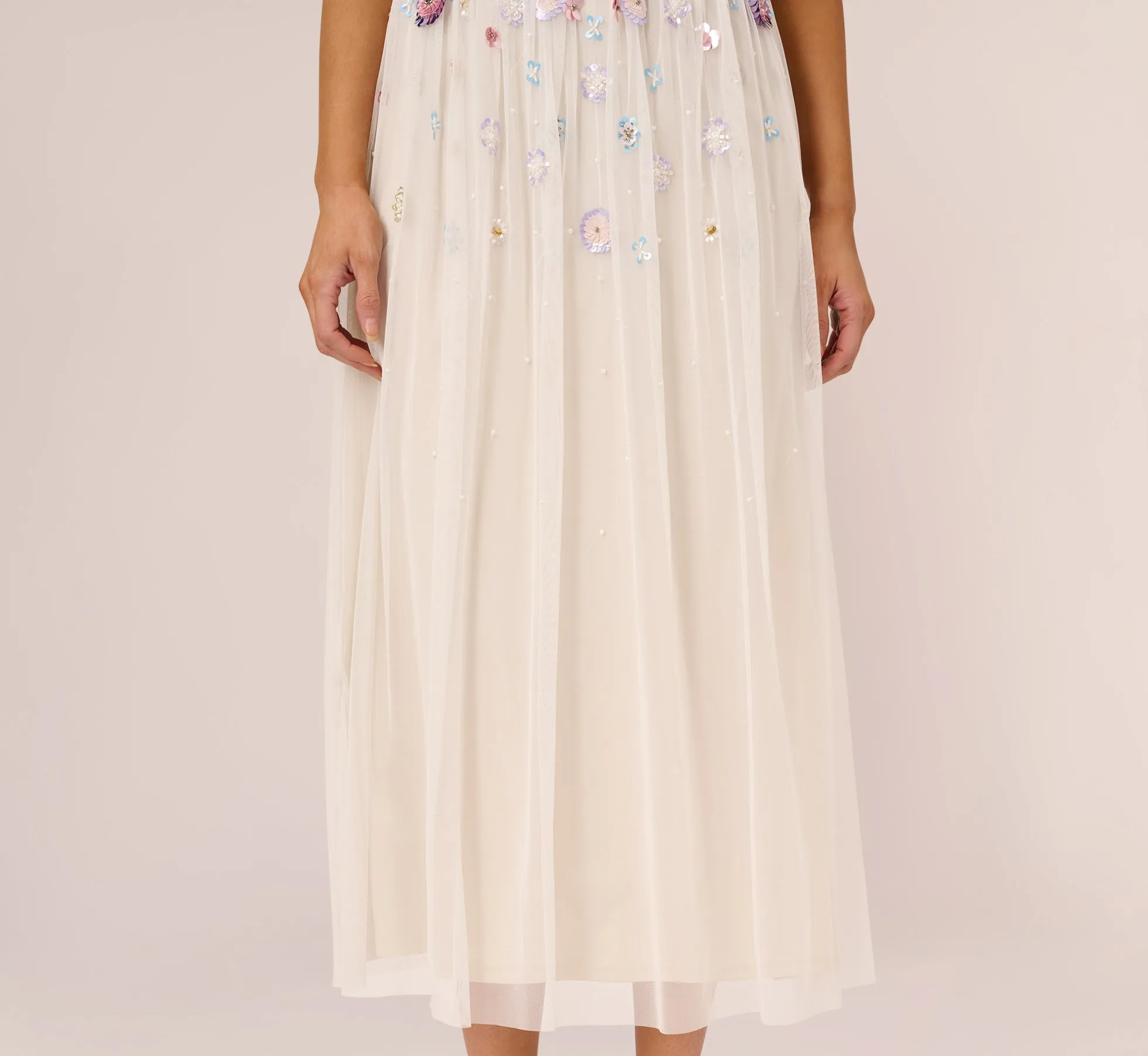 Ankle-Length Gown With Multicolor Floral Beading In Ivory Multi