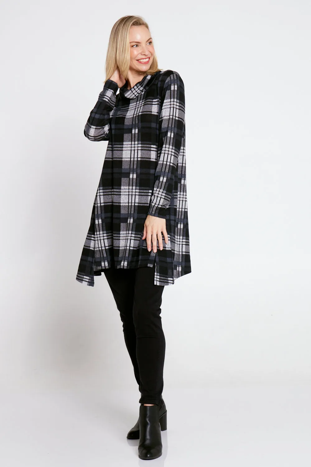 Aspen Cowl Swing Tunic - Steel Check