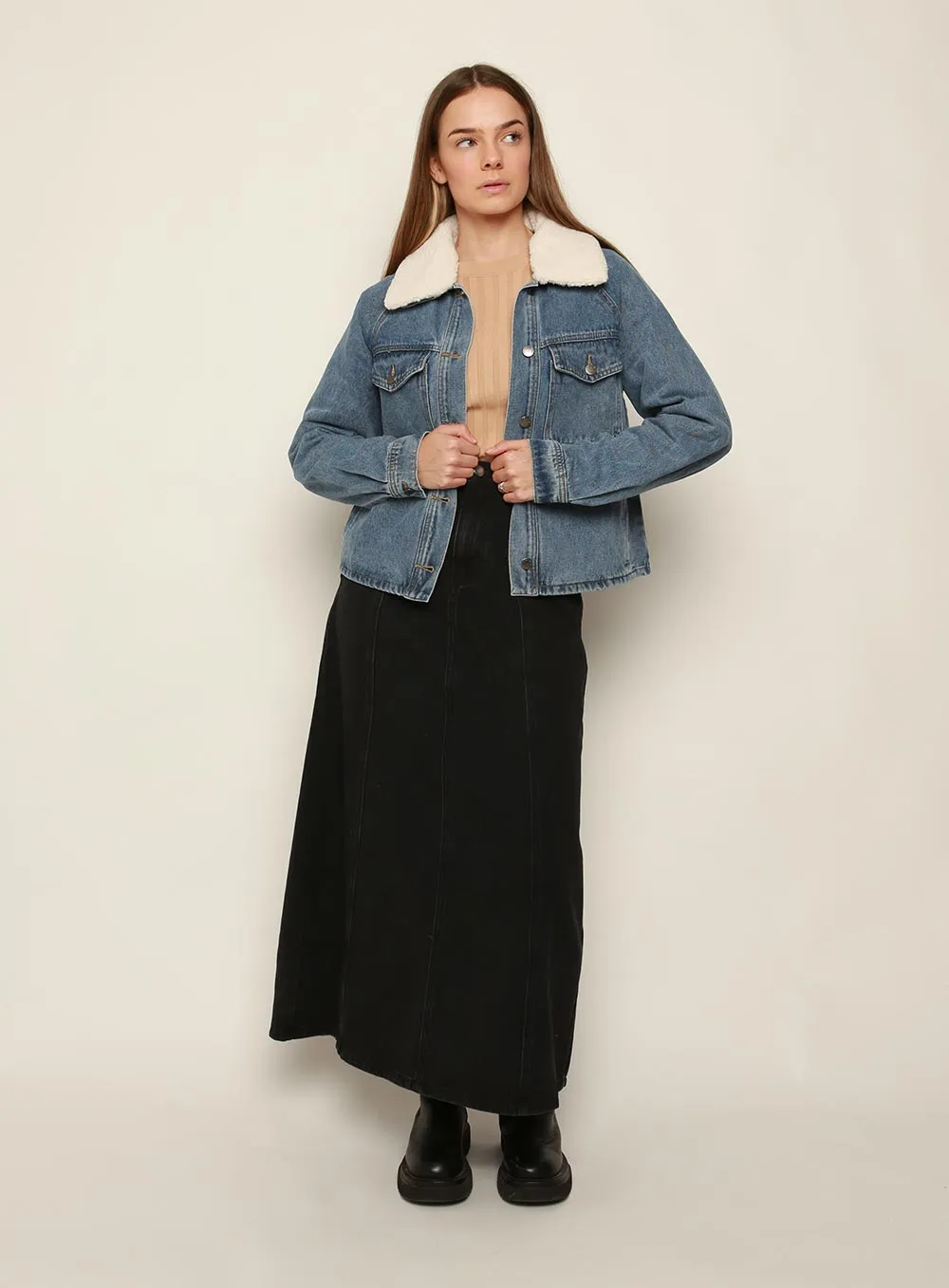 Ava Sherpa Denim Jacket-Mid Blue