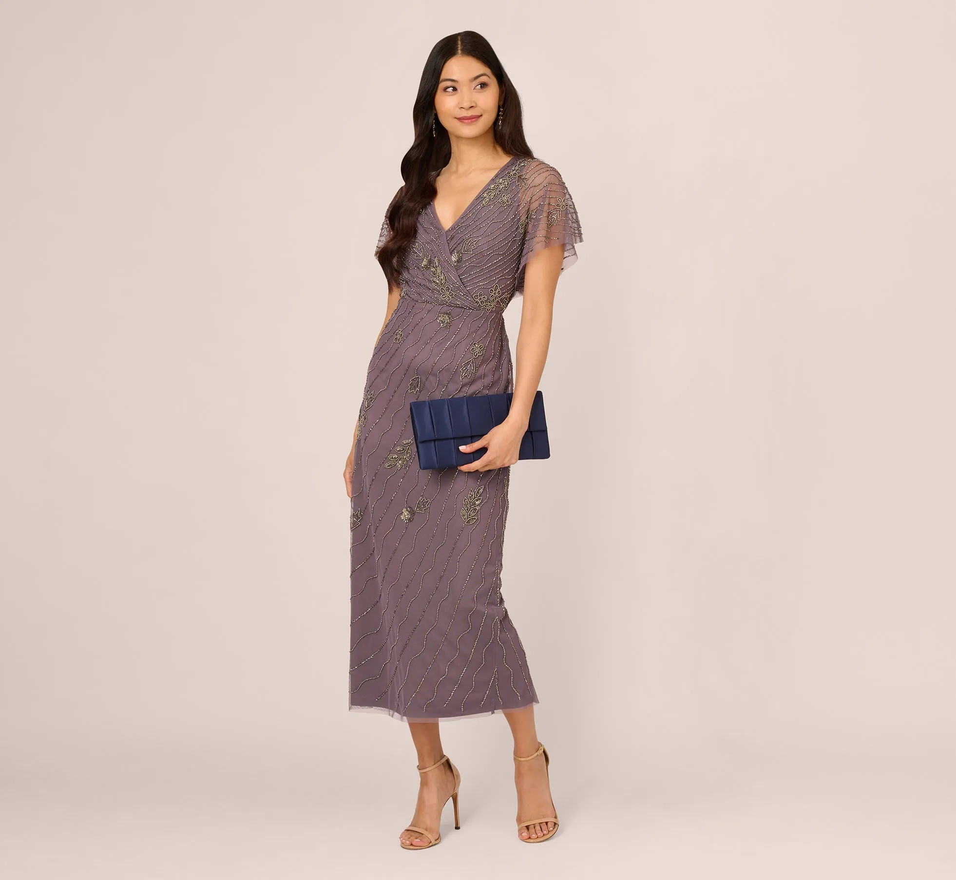 Beaded Ankle Length Dress With Sheer Flutter Sleeves In Moonscape