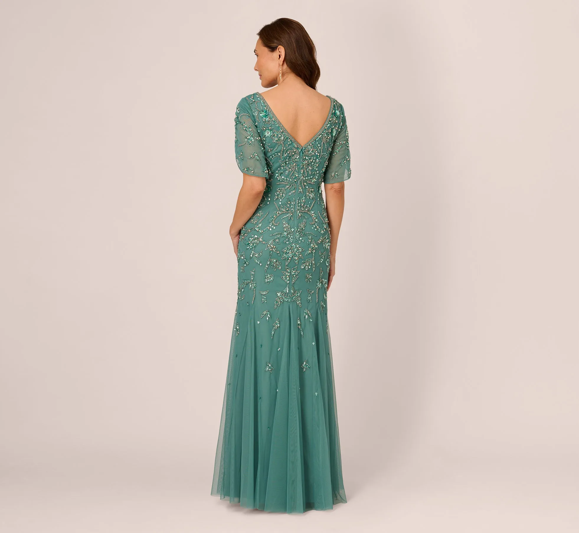 Beaded Mermaid Gown With Sheer Petal Sleeves In Green Slate