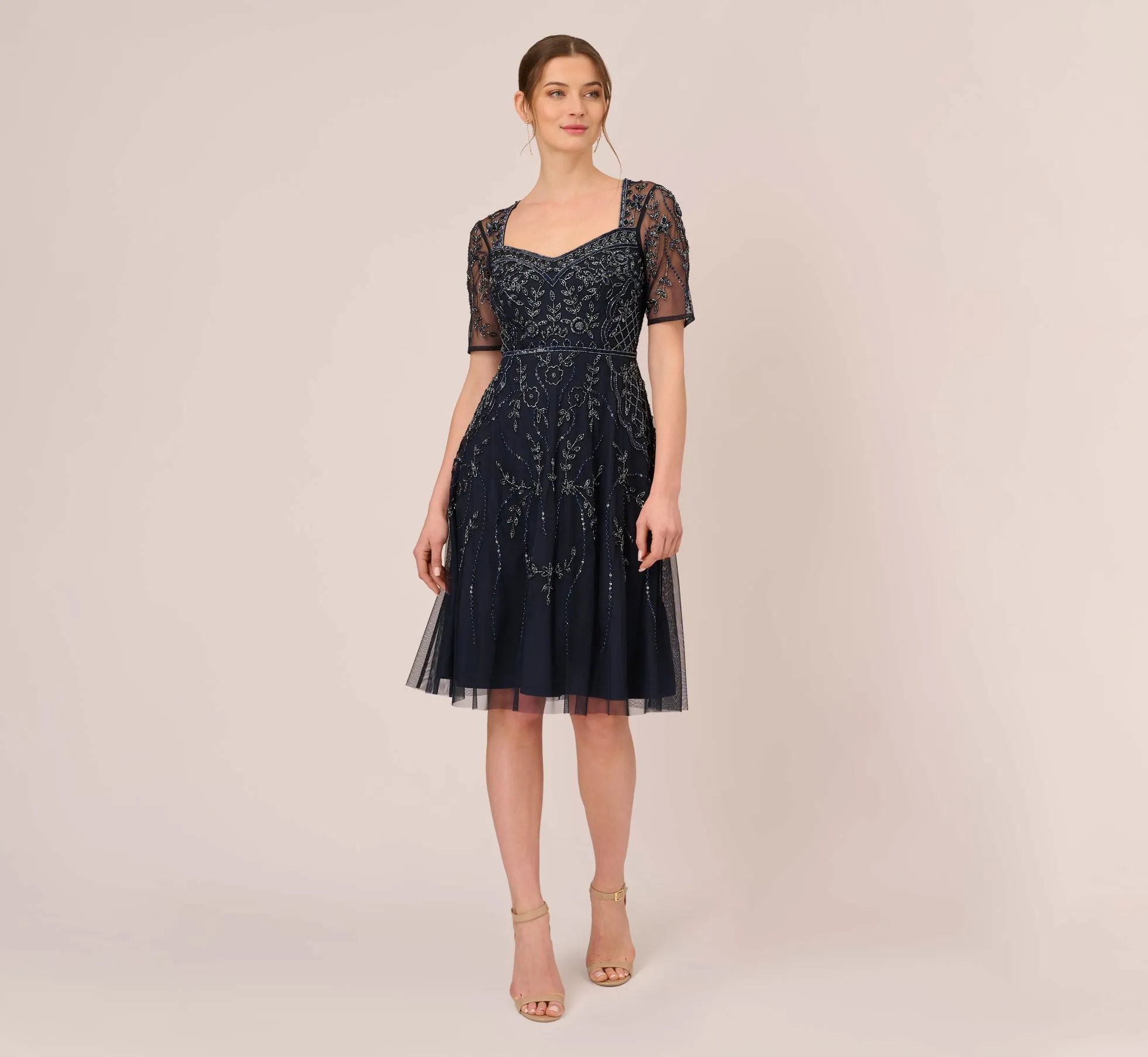 Beaded Midi Dress With Sheer Short Sleeves In Midnight