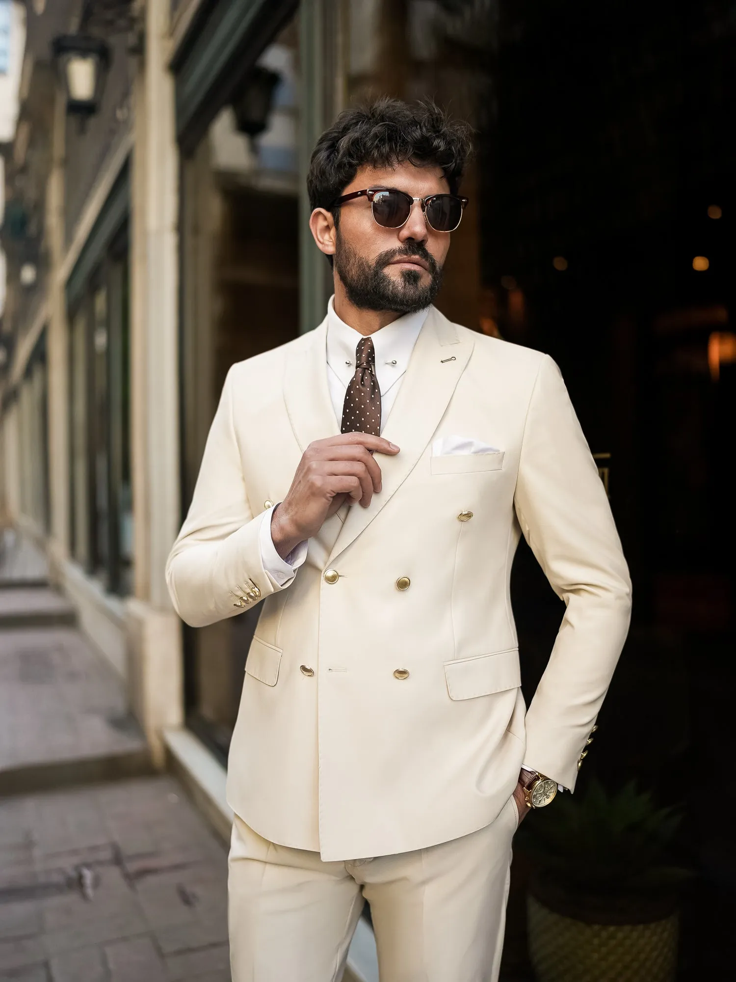 Beige Double Breasted Suit 2-Piece