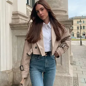 Belt Cropped Trench Jacket Women Autumn Fashion Vintage Streetwear Double Breasted Long Sleeve Top Female Chic Lady Coat Outfits