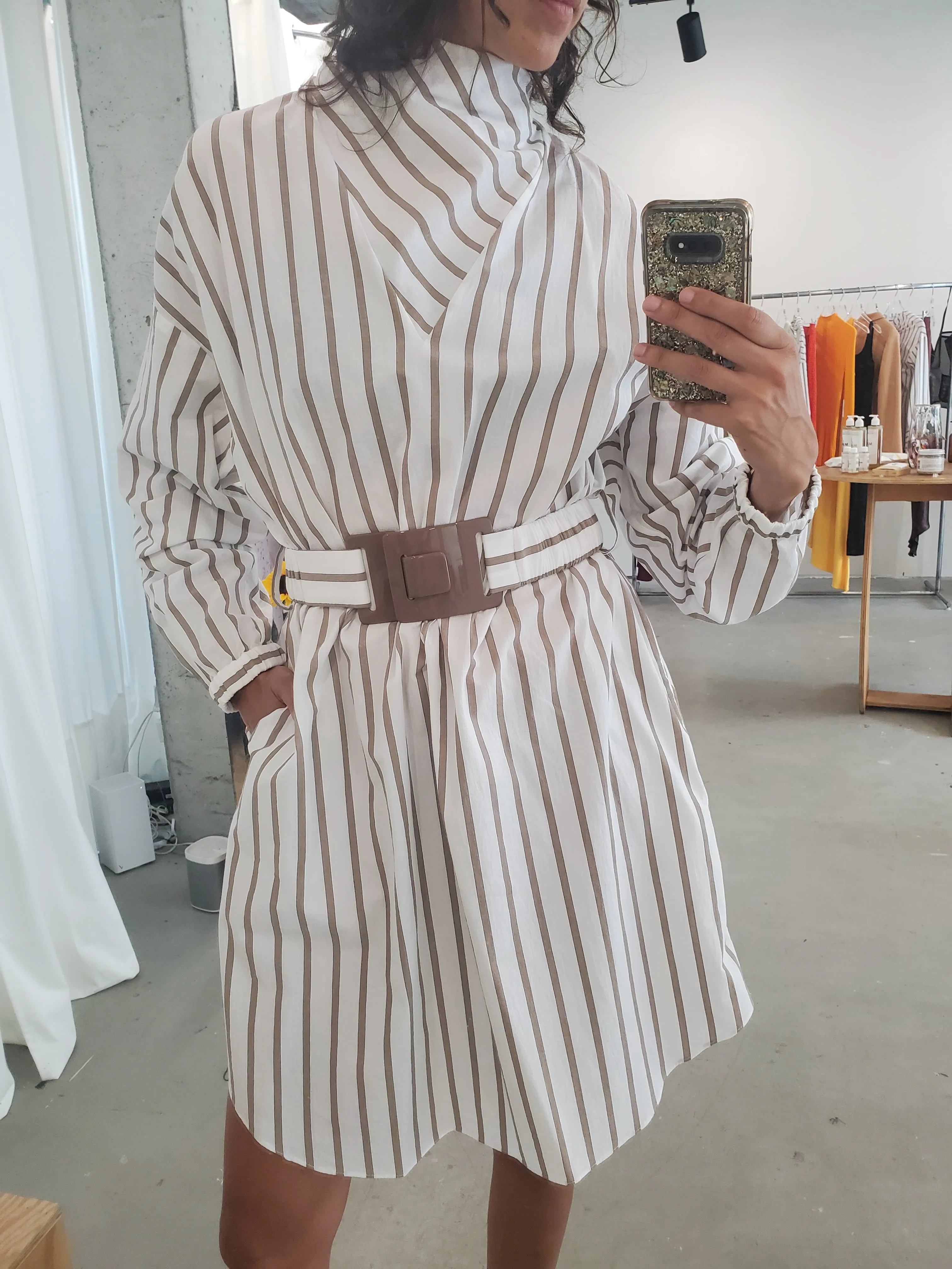 Belted Anorak Tunic Dress - White / Tan Stripe