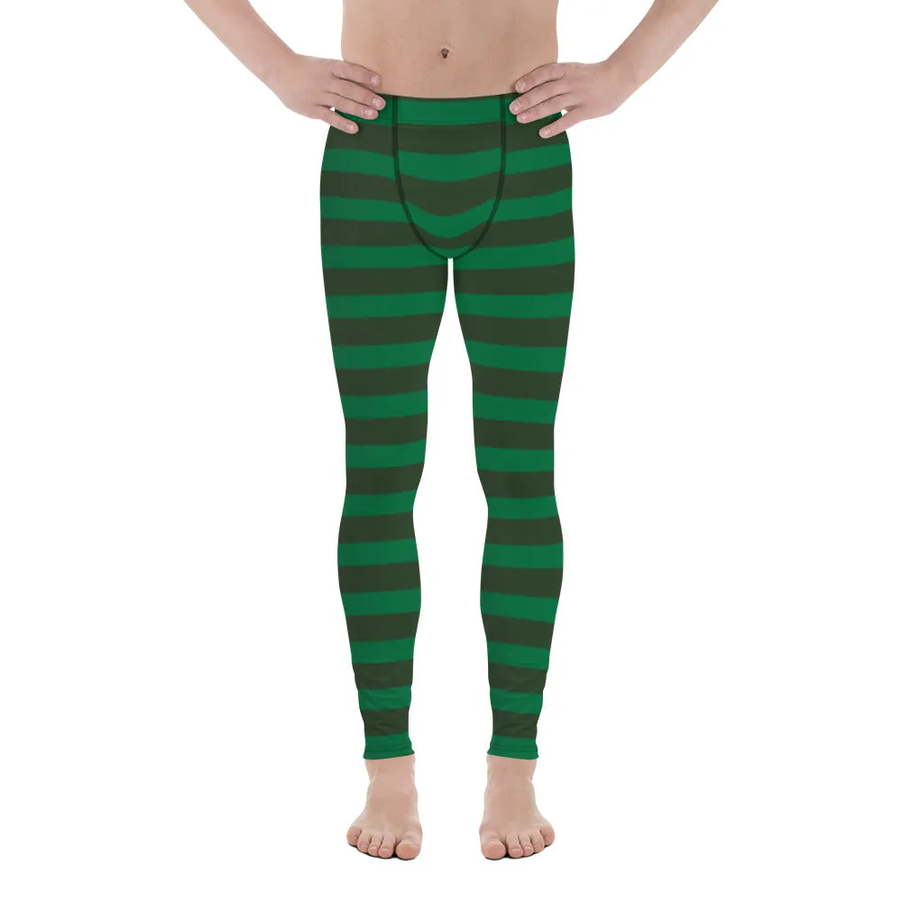 Best Festive Men's Leggings, Green Striped Christmas Meggings Festive Men's Tights-Made in USA/EU/MX