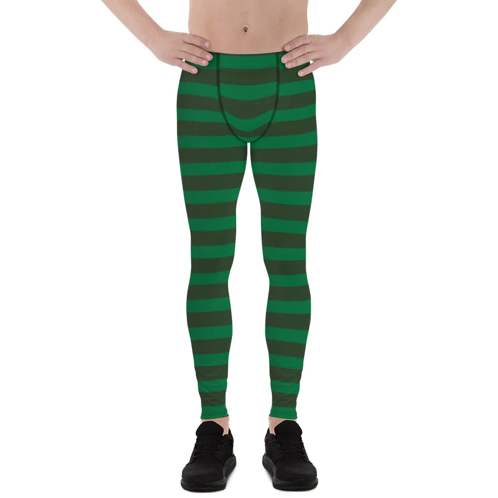 Best Festive Men's Leggings, Green Striped Christmas Meggings Festive Men's Tights-Made in USA/EU/MX