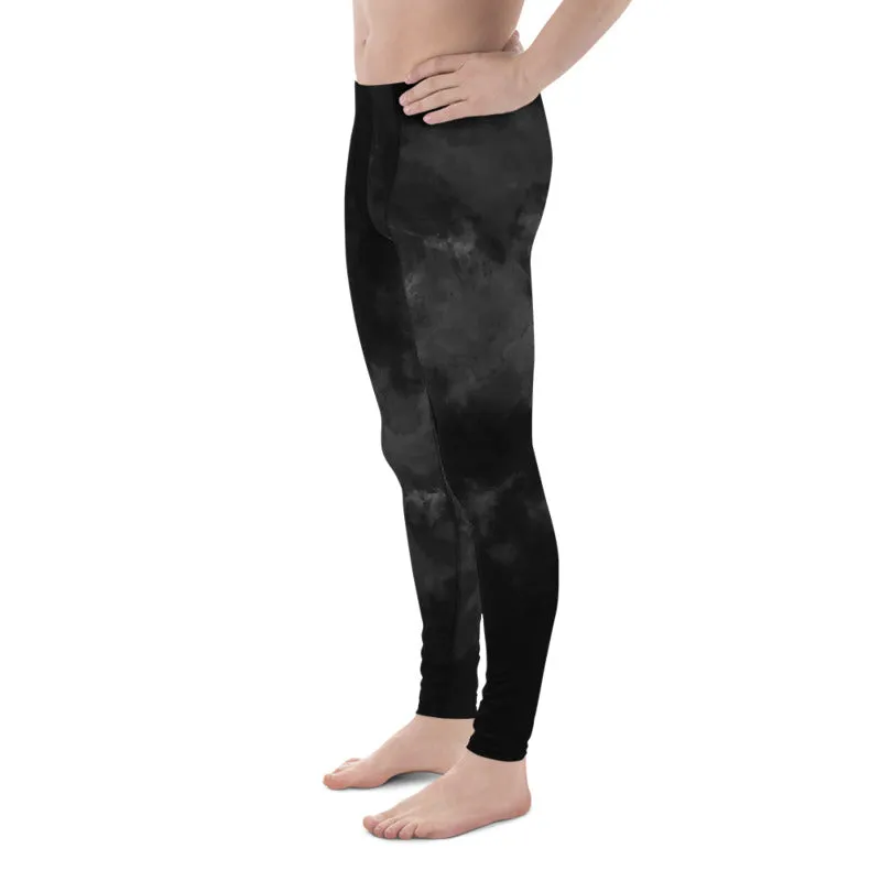 Black Abstract Men's Leggings, Modern Tie Dye Running Tights Meggings-Made in USA/EU