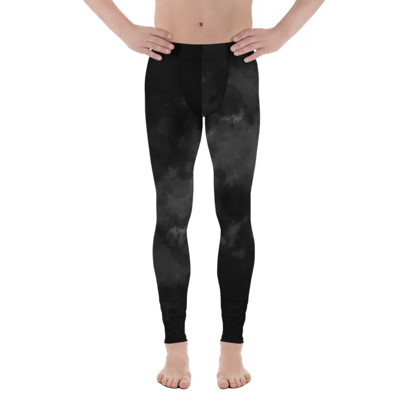 Black Abstract Men's Leggings, Modern Tie Dye Running Tights Meggings-Made in USA/EU