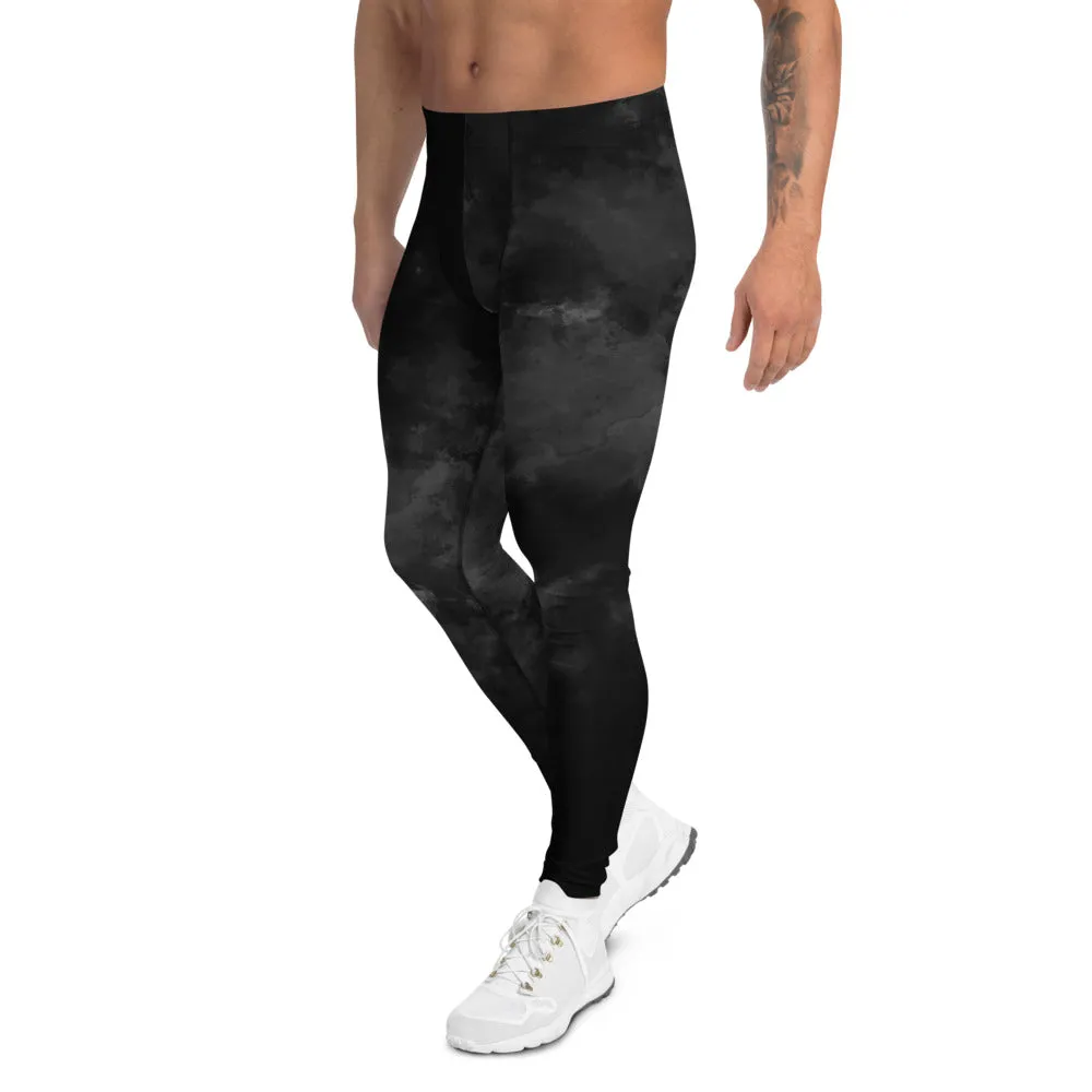 Black Abstract Men's Leggings, Modern Tie Dye Running Tights Meggings-Made in USA/EU