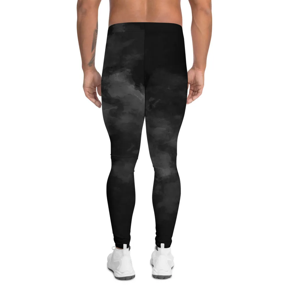 Black Abstract Men's Leggings, Modern Tie Dye Running Tights Meggings-Made in USA/EU