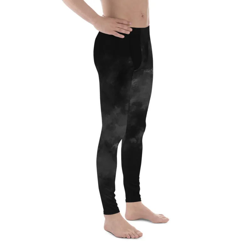 Black Abstract Men's Leggings, Modern Tie Dye Running Tights Meggings-Made in USA/EU