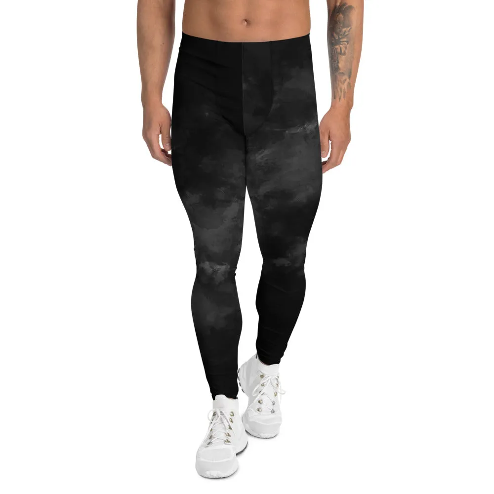 Black Abstract Men's Leggings, Modern Tie Dye Running Tights Meggings-Made in USA/EU