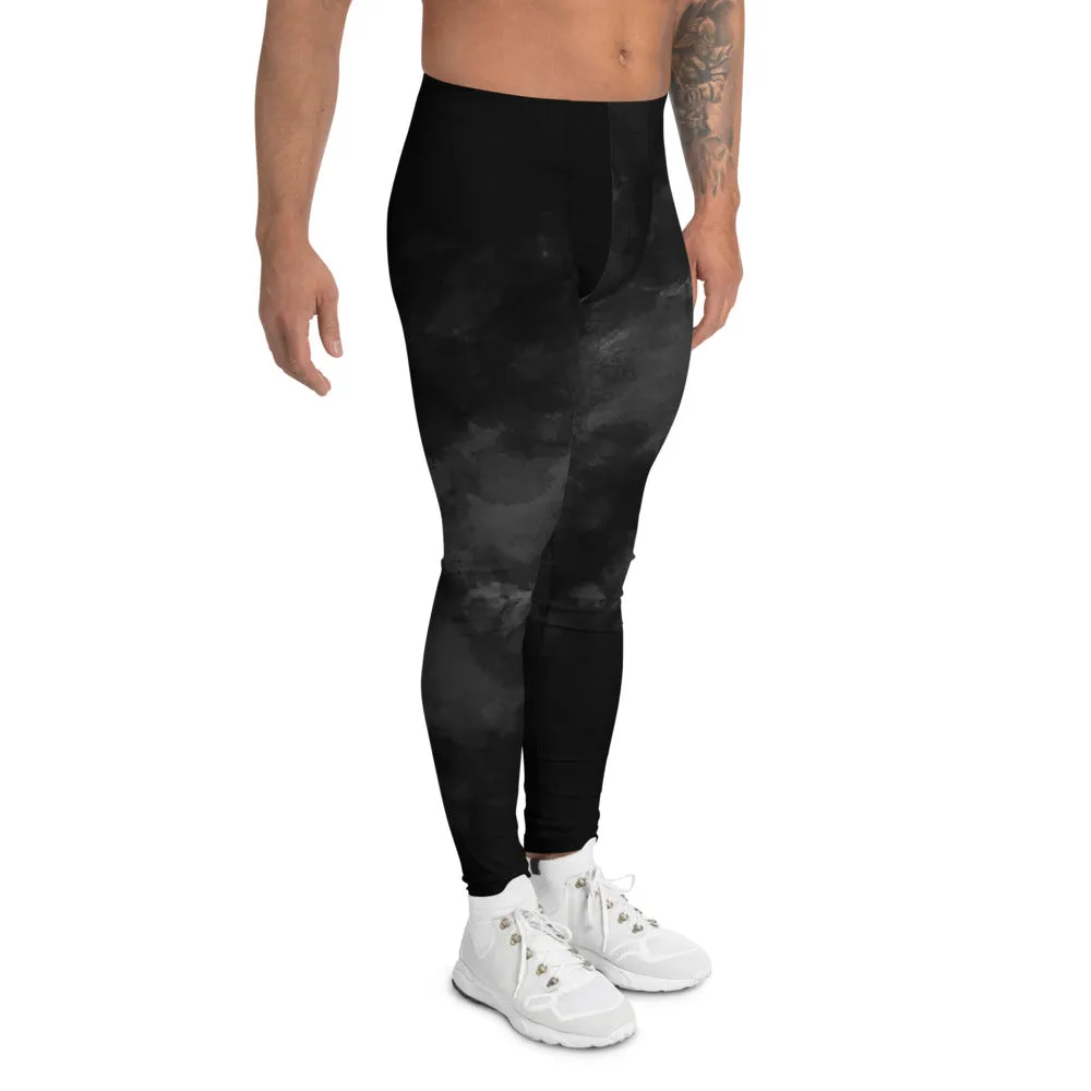 Black Abstract Men's Leggings, Modern Tie Dye Running Tights Meggings-Made in USA/EU