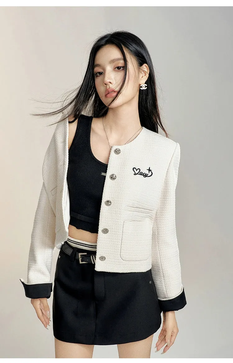 Black & White Round Neck Cropped Jacket