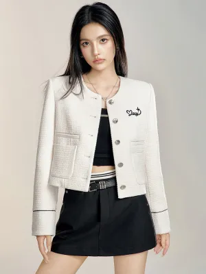 Black & White Round Neck Cropped Jacket