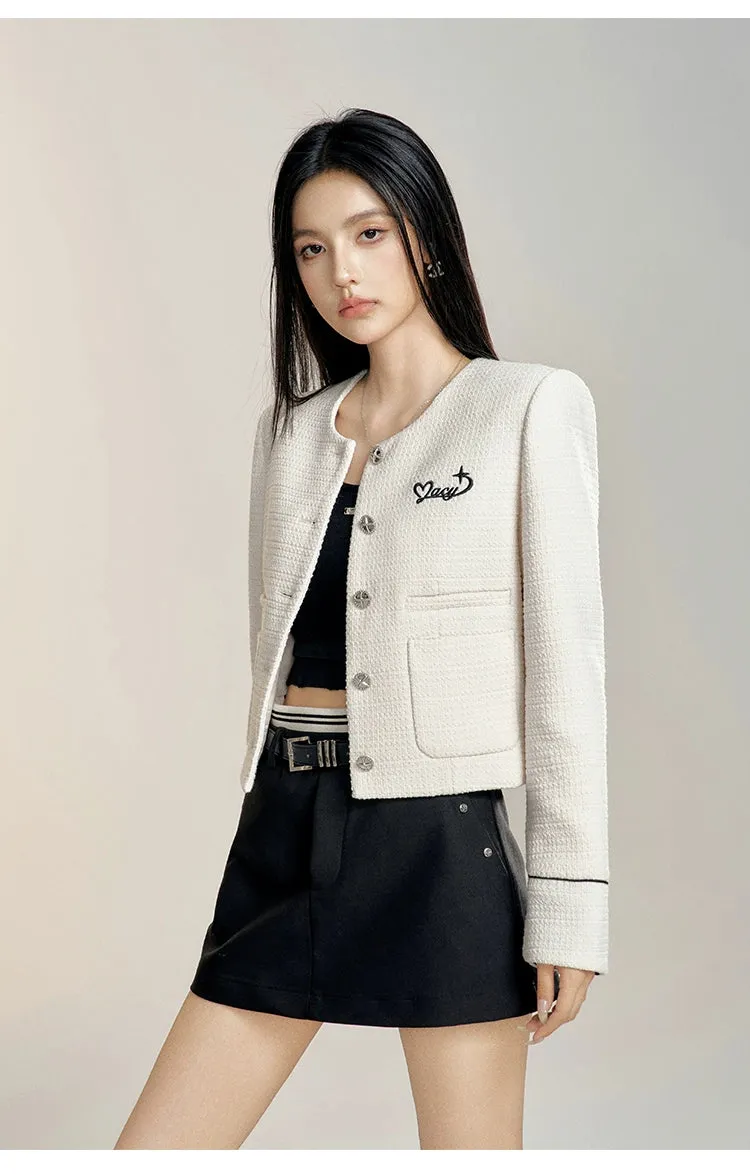 Black & White Round Neck Cropped Jacket