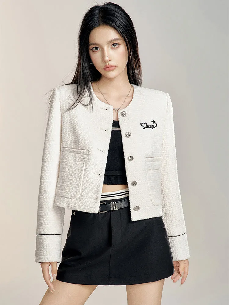 Black & White Round Neck Cropped Jacket