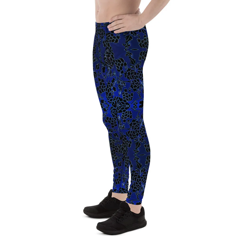 Black Blue Floral Men's Leggings, Best Blue and Black Oriental Style Floral Print Meggings Compression Tights - Made in USA/EU/MX